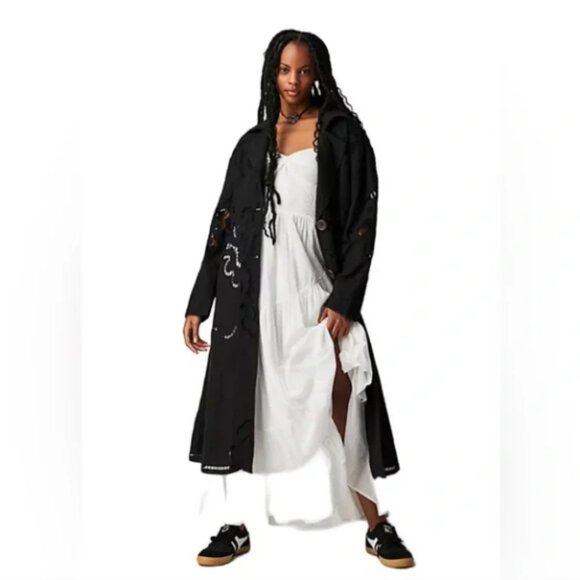 Free People Susanna Eyelet Lace Long Length Black Oversized Duster Coat Size XS - Picture 1 of 11